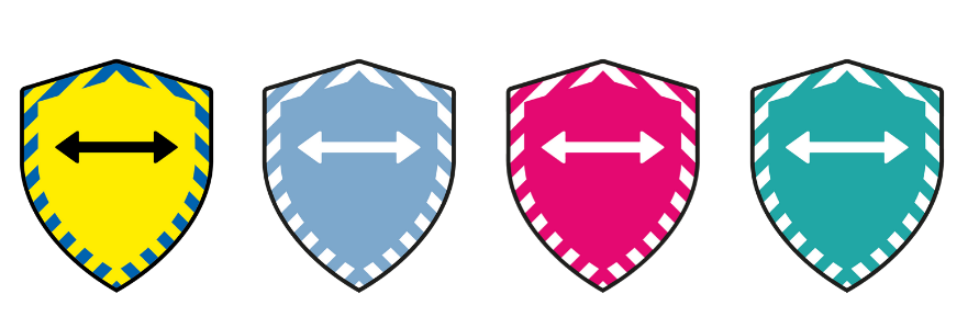 Picture showing the shield design of the socially distanced symbol in various colours - yellow, blue, red and green.